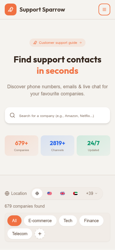 Support Sparrow: mobile view
